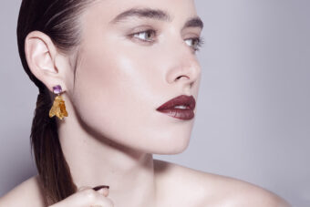 Amethyst and hand carved amber bee earrings by Tessa Packard London Contemporary Fine Jewellery