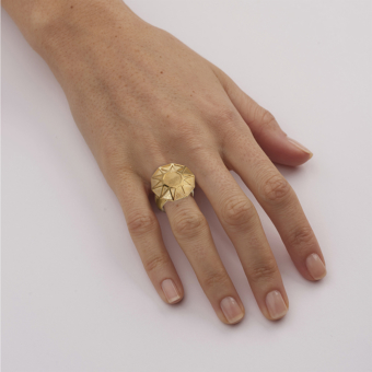 model wearing large gold cocktail ring