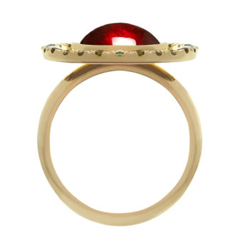 18ct yellow gold, garnet, and tourmaline Flying Saucer ring / side view by Tessa Packard