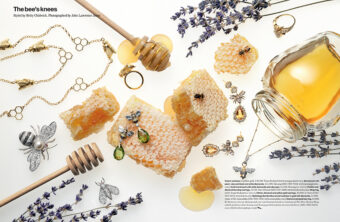 gold bee and honeycomb necklace, gold wasp ring by Tessa Packard London Contemporary Fine Jewellery