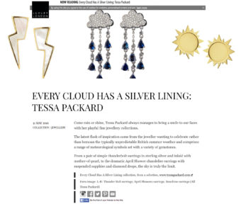 Luxury London Magazine features Tessa Packard London's mother of pearl lightning bolt earrings, mother of pearl and gold cloud cufflinks, pave diamond cloud and sapphire raindrop earrings