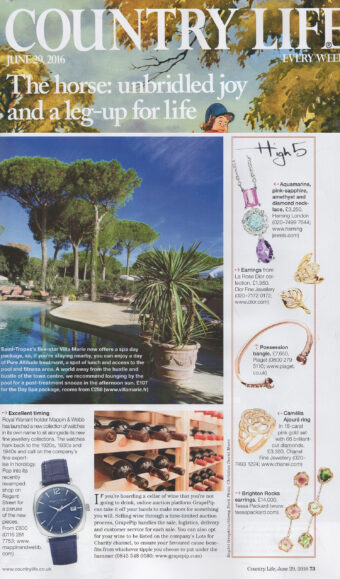 Country Life magazine featuring Tessa Packard London Contemporary Fine Jewellery Brighton rocks Earrings, watermelon tourmaline pave diamonds and gold earrings