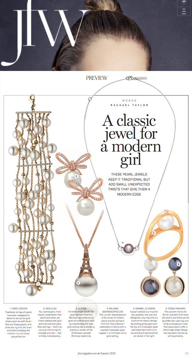 JFW Magazine featuring Tessa Packard London Contemporary Fine Jewellery white and black pearl earrings