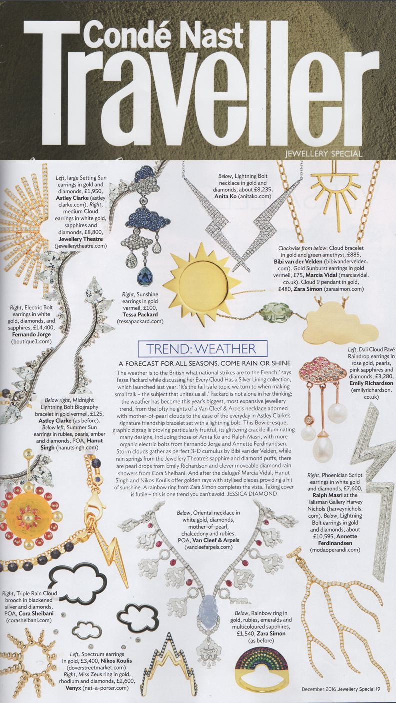 Conde Nast Traveller featuring Tessa Packard London Contemporary Fine Jewellery Gold sun earring and gold cloud necklace charm