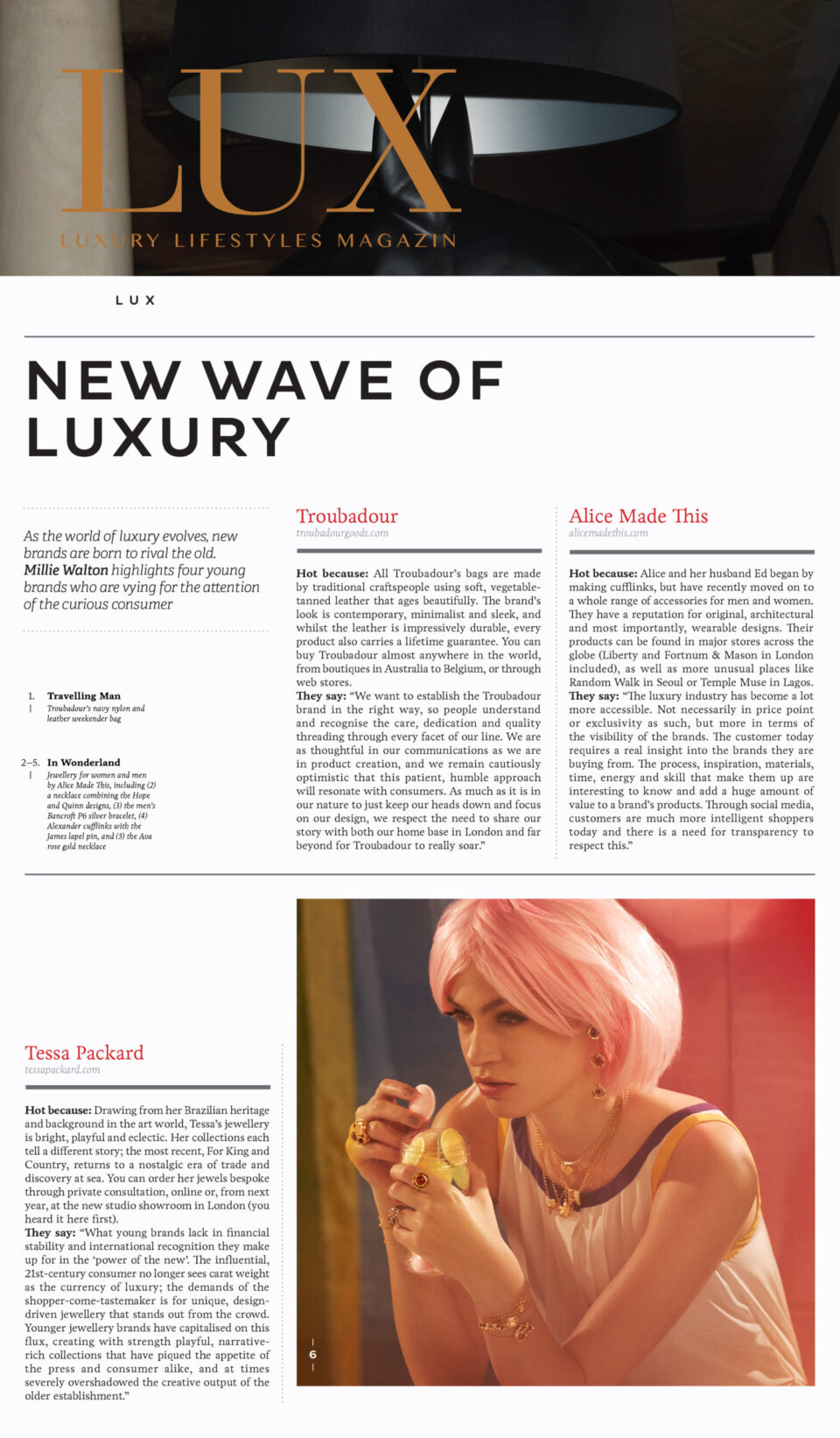 Lux magazine features Tessa Packard London in New Wave of Luxury Article