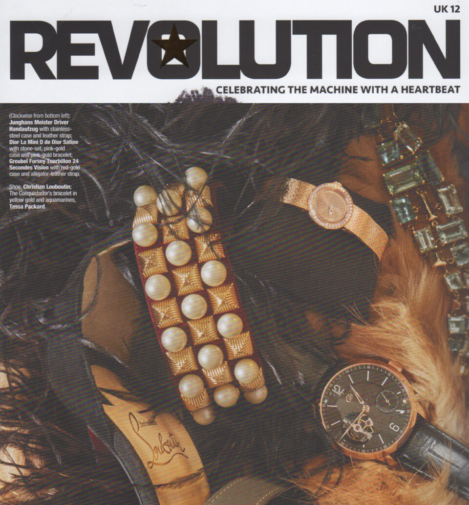 Revolution Magazine featuring Tessa Packard London Contemporary fine Jewellery Conquistador Aquamarine and gold bracelet