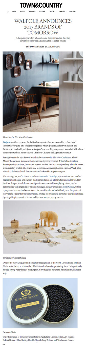 Town and Country Magazine announces Tessa Packard London Contemporary Fine Jewellery named Walpole's Brands of Tomorrow