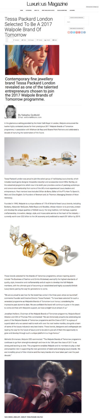 Luxurious Magazine announces Tessa Packard London Contemporary Fine Jewellery named Walpole's Brands of Tomorrow