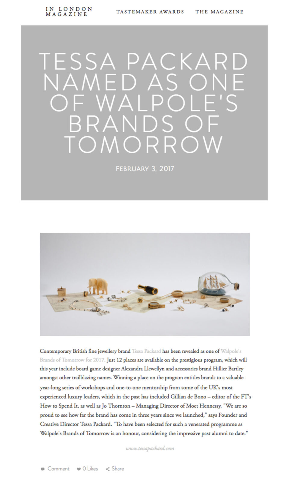 In London Magazine announces Tessa Packard London Contemporary Fine Jewellery named Walpole's Brands of Tomorrow