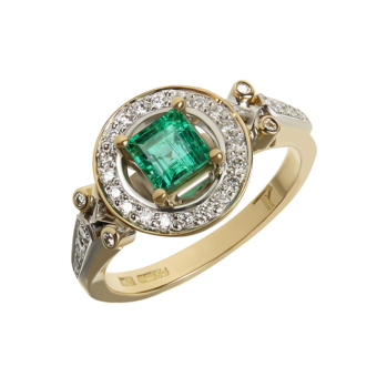 Bespoke Diamond and emerald yellow gold engagement ring