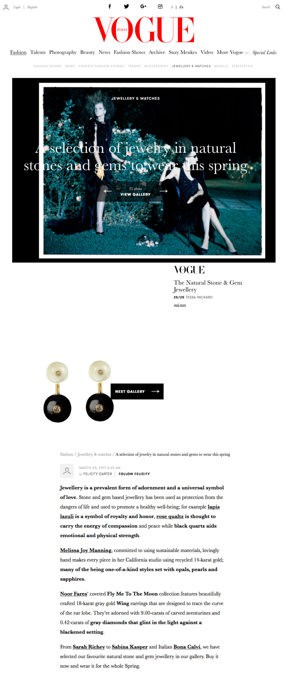 Vogue Italia featuring Tessa Packard London Contemporary Fine Arts Mother of Pearl and black onyx orbit earrings