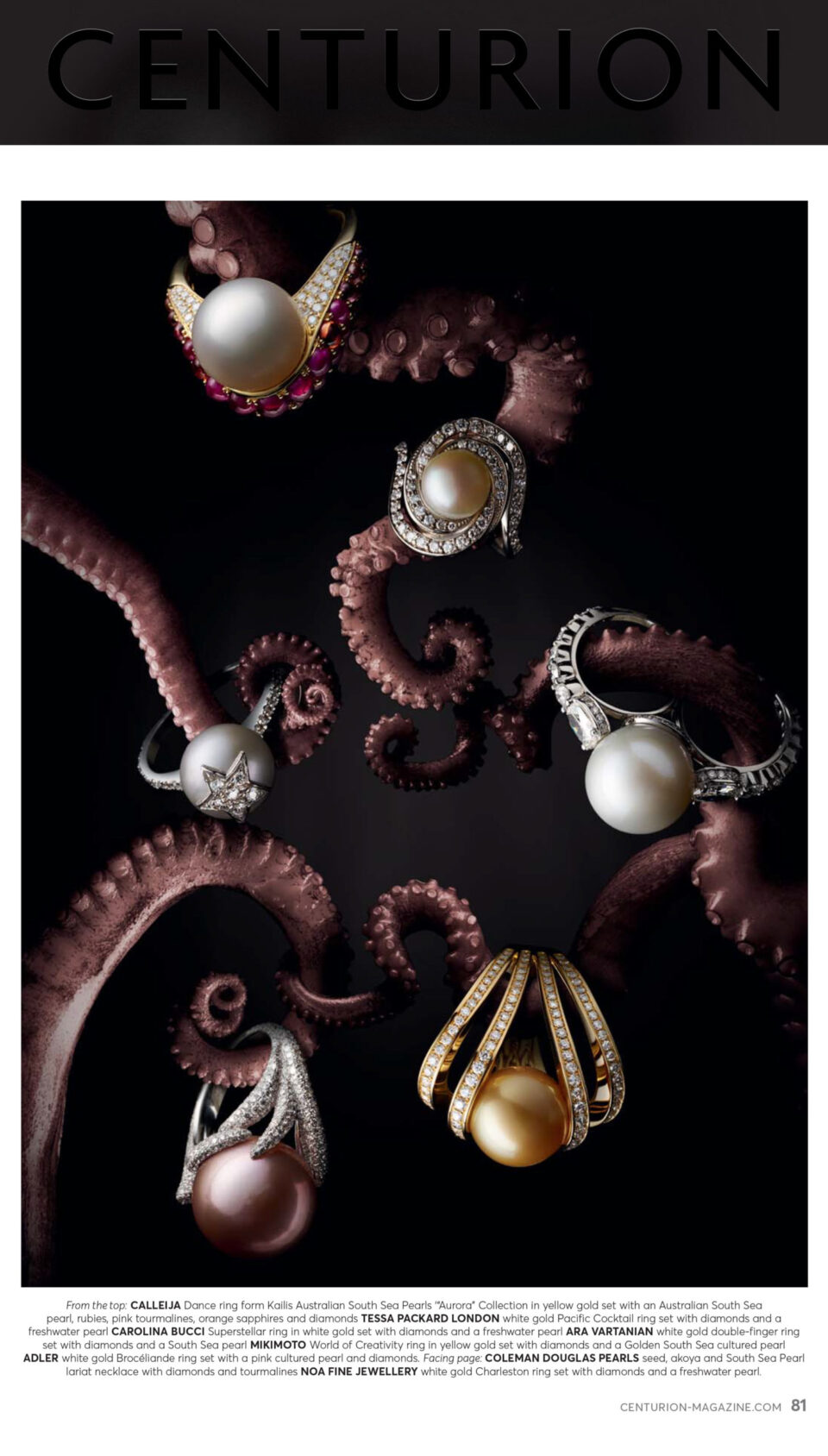 centurion magazine featuring Tessa Packard London Contemporary Fine Jewellery pearl and pave diamond Pacific Ring