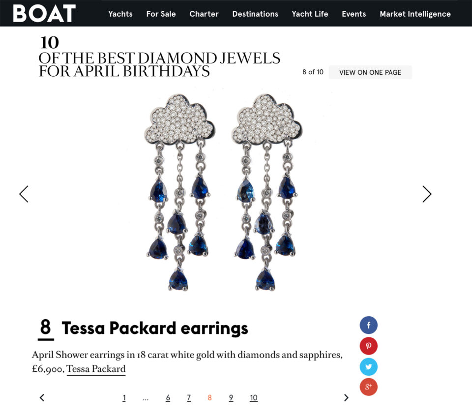 Boat International Magazine lists Tessa Packard London Contemporary Fine Jewellery Earrings as best Diamond Jewels Present for April Birthday