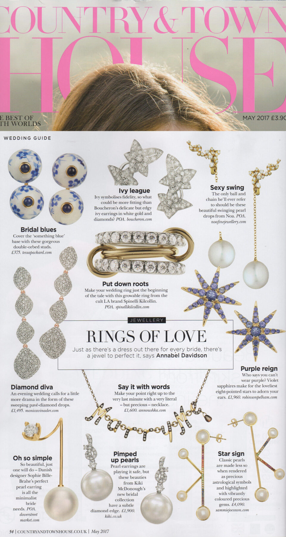 country and town House Magazine Featuring Tessa Packard London Contemporary Fine Jewellery blue and white painted porcelain doll face earrings