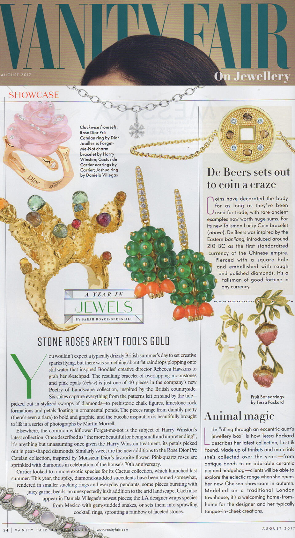 Vanity Fair Jewellery Magazine featuring Tessa Packard London Contemporary Fine Jewellery Watermelon Tourmaline Fruit bat Earrings