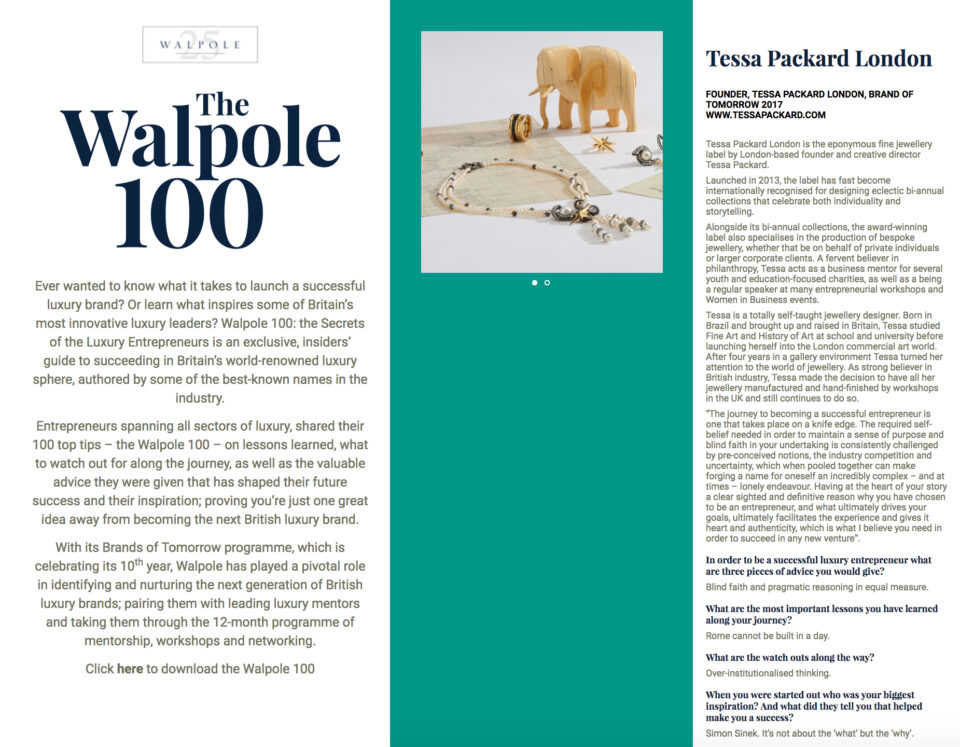 Walpole 100 The Secrets of the Luxury Entrepreneurs featuring Tessa Packard London Contemporary Fine Jewellery