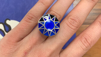 blue enamel and silver cocktail ring