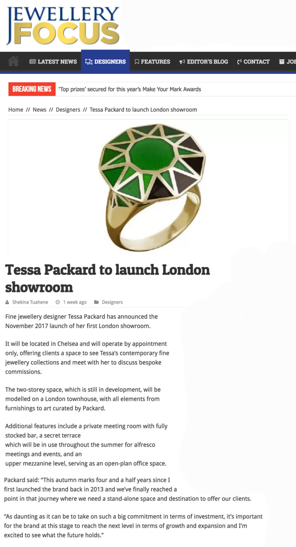 jewellery focus announces Tessa Packard London Contemporary Fine Jewellery Showroom Opening