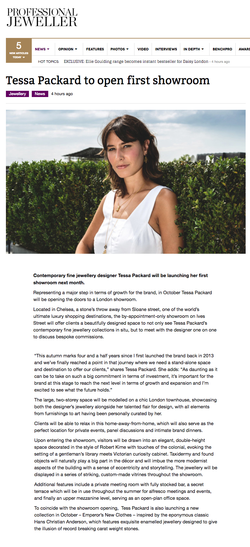 professional jeweller magazine announces Tessa Packard to open London Showroom