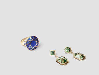 blue enamel ring and green enamel earrings