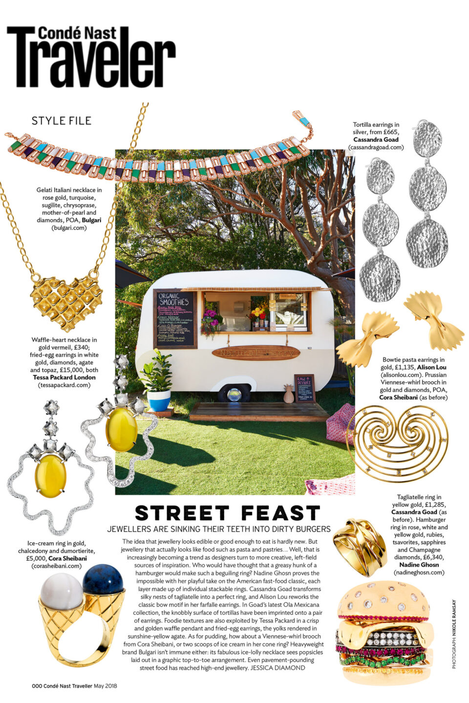 conde nast traveler magazine featuring Tessa Packard London Contemporary fine Jewellery waffle heart necklace and fried egg earrings