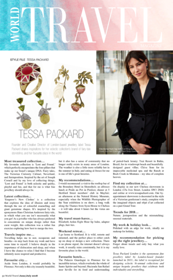World Traveller Magazine featuring Tessa Packard London Copycat ring, fruit bat earrings, and pear drop earrings