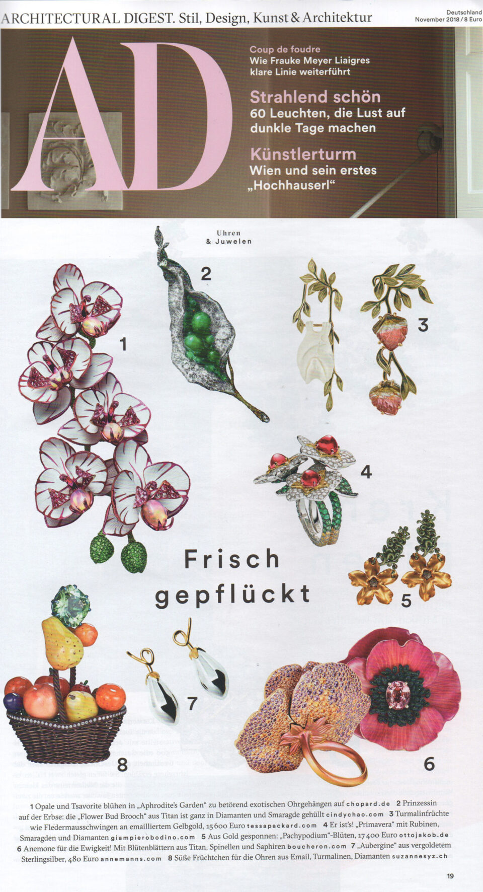 Architectural Digest featuring Tessa Packard London Contemporary Fine Jewellery Fruit Bat Tourmaline Earrings