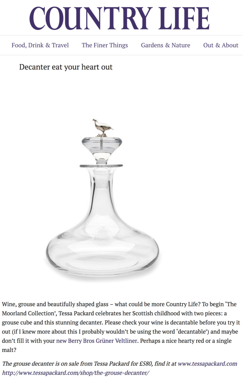 Country Life Magazine featuring Tessa Packard London Contemporary Fine Jewellery Grouse decanter