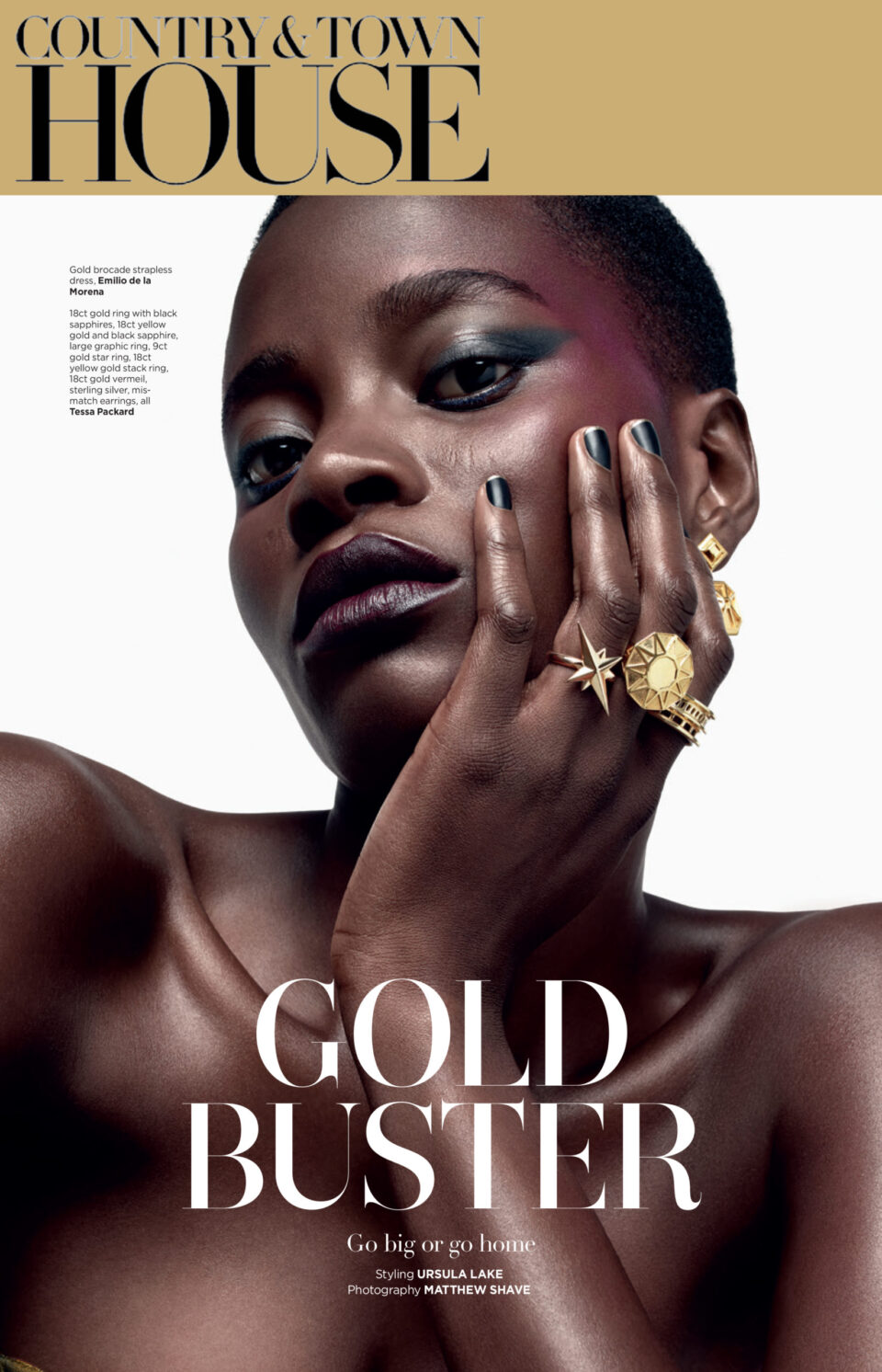 Country & Town House Magazine Jewellery and Watches Featuring Tessa Packard London Contemporary Fine Jewellery Gold and Black Sapphire Ring, Gold Star Ring, Gold Stack Rings, and mismatch earrings