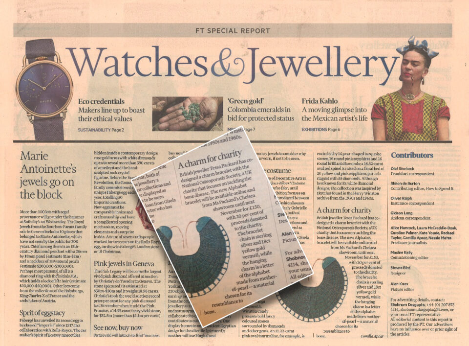 Tessa Packard London Contemporary Fine Jewellery Alphabet Charm Bracelet for the National Osteoporosis Society featured in the Financial Times Watches and Jewellery Section