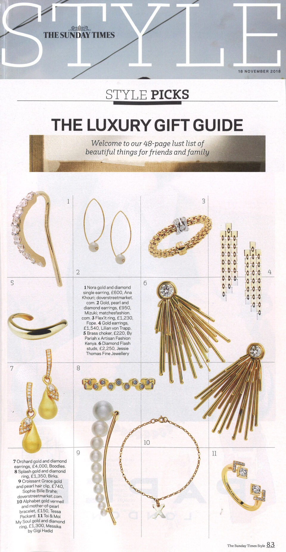 Tessa Packard London Contemporary Fine Jewellery Alphabet Mother of pearl and gold Bracelet for the National Osteoporosis Association featured in The Sunday Times Style Magazine