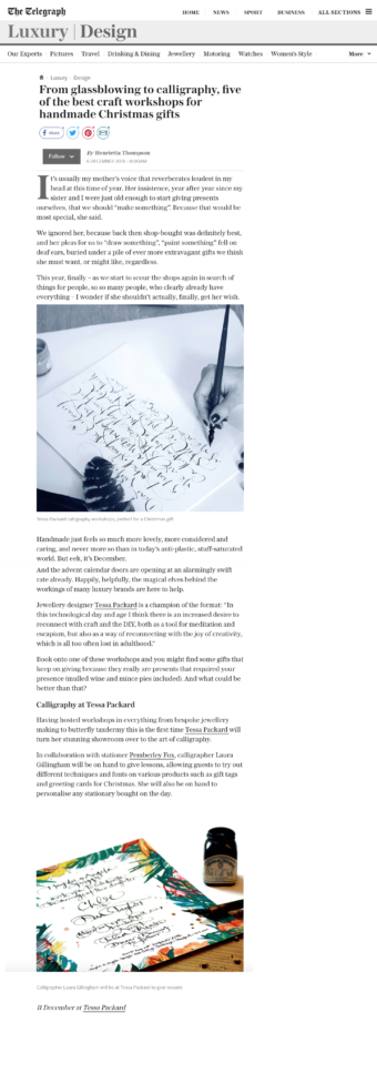 The Telegraph Luxury features Tessa Packard London Calligraphy Workshop