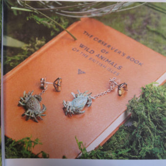 brass crab earrings on a book