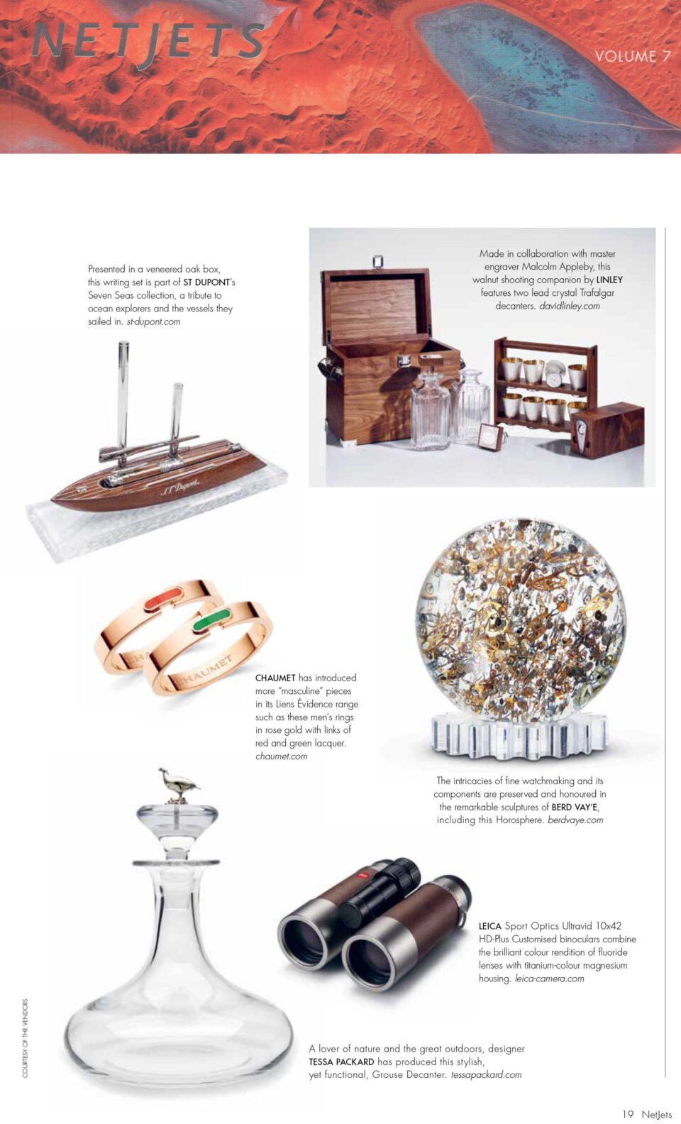 Tessa Packard London Contemporary Fine Jewellery Grouse Decanter from the designer's Moorland Collection featured in Net Jets magazine (vol 7, 2019)