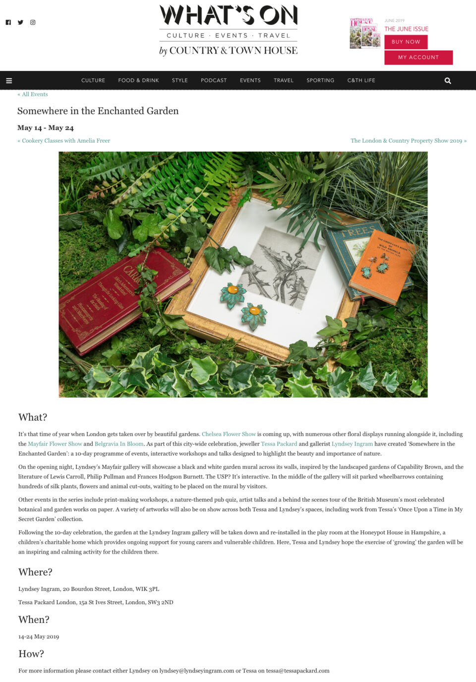 Somewhere in the Enchanted Garden Events Series by Tessa Packard London Contemporary Fine Jewellery Featured in Country and Town House May 2019 Issue