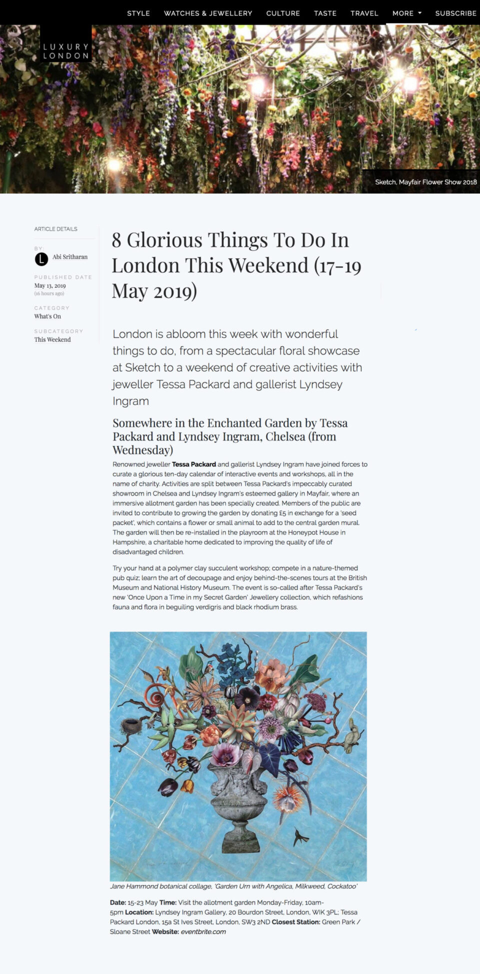 Somewhere in the Enchanted Garden Events Series by Tessa Packard London Contemporary Fine Jewellery Featured in Luxury London May 2019 Issue