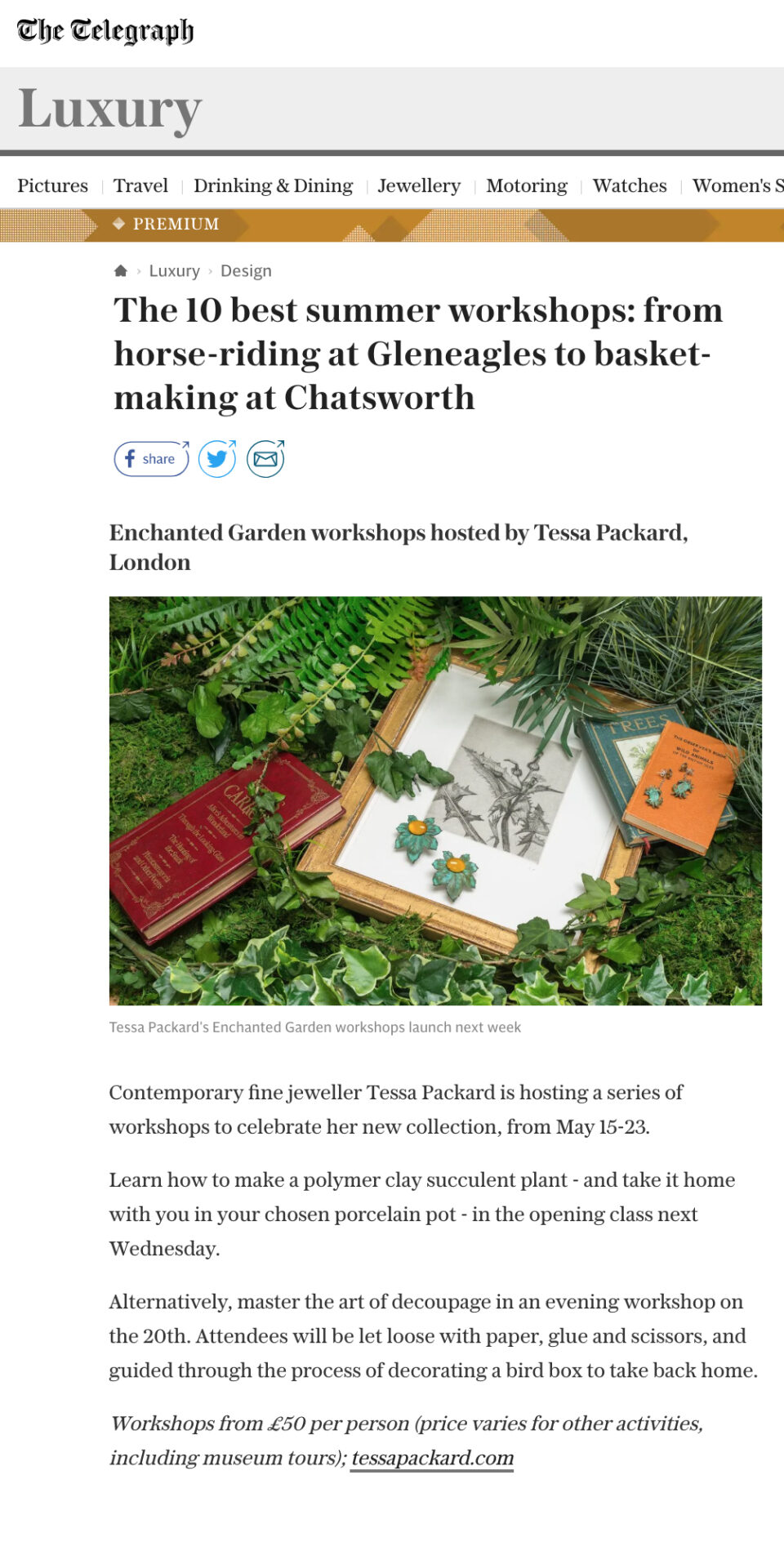 Somewhere in the Enchanted Garden Events Series by Tessa Packard London Contemporary Fine Jewellery Featured in Telegraph Luxury Online May 2019 Issue