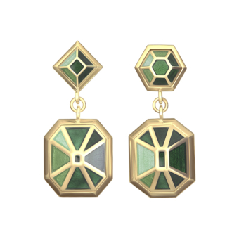 geometric green enamel and yellow gold earrings