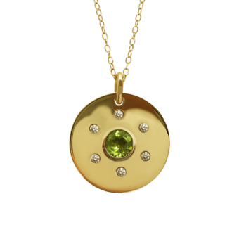 bespoke gold pendant with peridots and diamonds