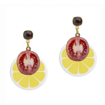 garnet earring studs with plastic lemon slices and resin tomato slices