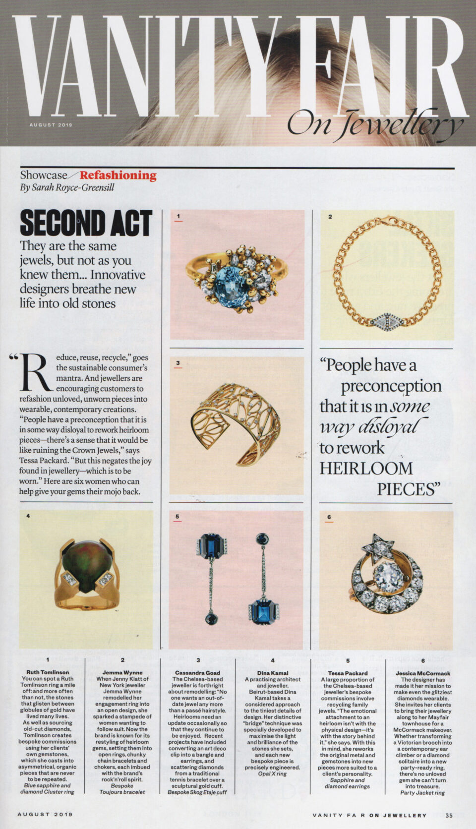 Vanity Fair July 2019 featuring Tessa Packard Bespoke Sapphire Earrings by Tessa Packard London Contemporary Fine Jewellery