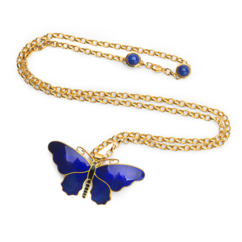 bespoke yellow gold and lapis butterfly necklace