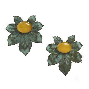 verdigris brass flower earrings with large yellow agate centre stone