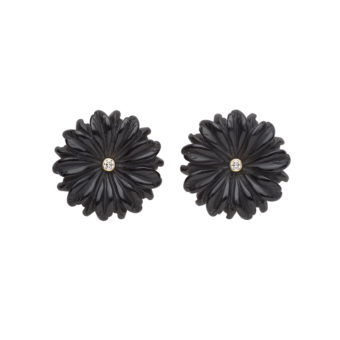 hand carved onyx flower earrings with diamond centre