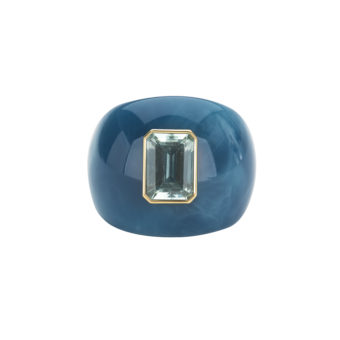 Emerald-cut Aquamarine and Blue Vintage Lucite Plastic Ring set in 18ct Yellow Gold by Tessa Packard London