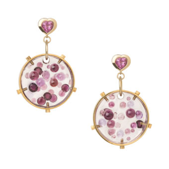 Heart-shaped Pink Tourmaline Earrings with Resin and Brass Hoops with floating Amethyst, Garnet, Rose Quartz and Pink Tourmaline gemstones, set in 18ct yellow gold by Tessa Packard London