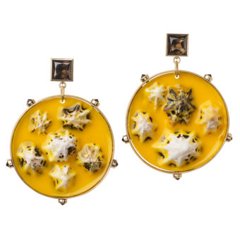 Smoky Quartz, Shell, Yellow Resin, Brass and 18ct Yellow Gold Disc Earrings by Tessa Packard London