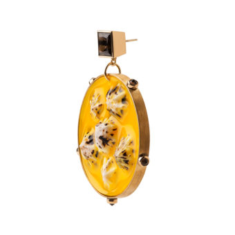 Smoky Quartz, Shell, Yellow Resin, Brass and 18ct Yellow Gold Disc Earrings by Tessa Packard London