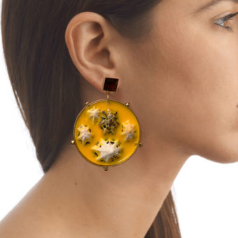 Smoky Quartz, limpet shell and yellow resin earrings. Thousand Island Earrings by Tessa Packard London (18ct yellow gold and brushed brass)