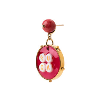 Alphabet Beads, Pink Resin, Dyed Red Jade, Diamond, Brass and 18ct Yellow Gold Earrings by Tessa Packard London